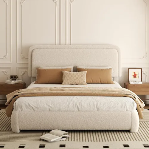Miniatura 3 de Base de cama tamaño Queen, marco de cama de terciopelo Teddy Boucle con cabecera tapizada ajustable de 43.3"/45.3", esquinas redondeadas, base