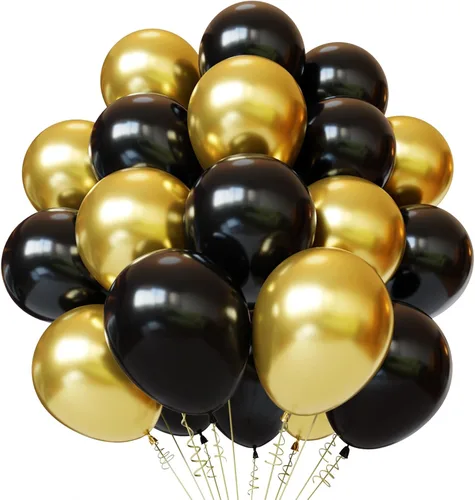 Globos negros y dorados, kit de 50 globos de 12 pulgadas, globos de látex negros para decoraciones de cumpleaños, año nuevo, boda, graduación