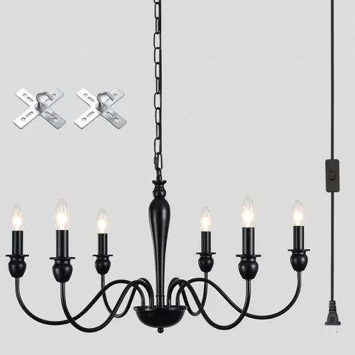 Miniatura 12 de ETONIMERR Lámpara colgante enchufable negra con luz larga de granja, lámpara colgante enchufable de 5 luces para comedor, lámpara de araña rústica