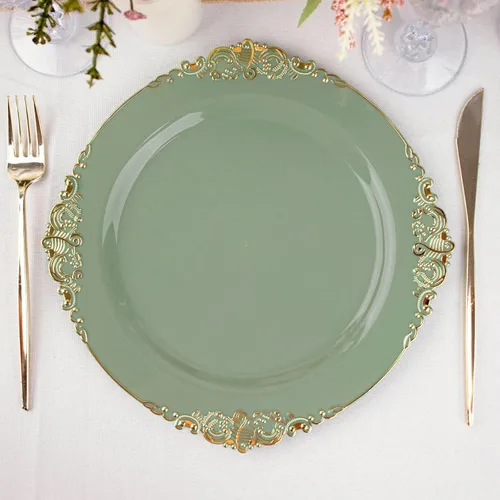 Miniatura 22 de Tableclothsfactory Paquete de 10 platos redondos de plástico barroco dorado de 8 pulgadas para ensalada de postre, vajilla desechable con borde