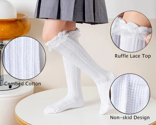 Miniatura 3 de Epeius - Calcetines altos de algodón para bebés y niñas, de uniforme, calcetas con vuelos (Paquete de 3 o 5)