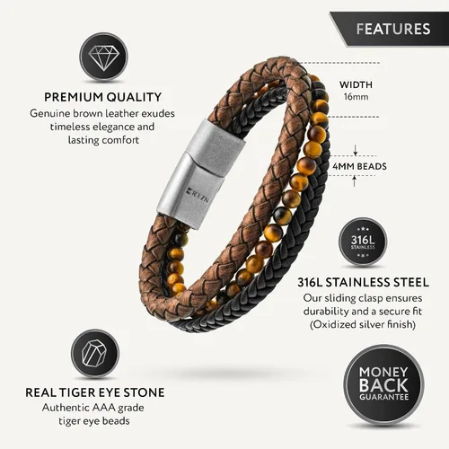 Miniatura 24 de RTZN® Brown Leather Bracelet for Men – Premium Artisan Handcrafted Mens Leather Bracelet – Multi-Stand Mens Bracelet Leather Collection Beaded