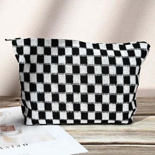 Miniatura 6 de SOIDRAM Bolsa de maquillaje negra de 2 piezas, bolsa grande de cosméticos a cuadros, capacidad de mezcla de lona, bolsa de aseo de viaje