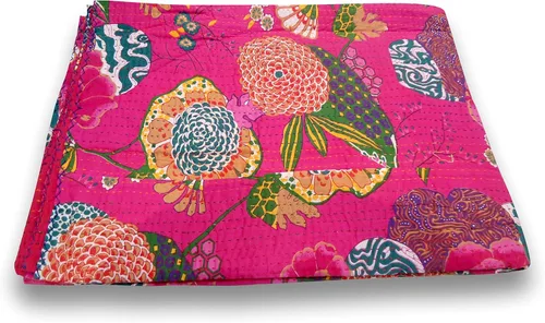 Miniatura 5 de Sophia-Art Colcha reversible de frutas indias para cama individual/king con patrón Gudri de algodón puro estilo Kantha, colcha decorativa con Rosa