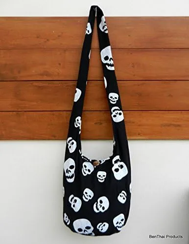 Miniatura 4 de BTP! - Bolso bandolera de algodón tailandés con diseño de calavera, punk rock, hippie, hobo, negro, (Black SKS5)