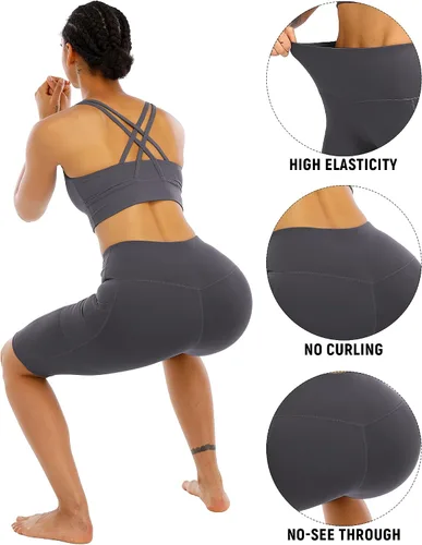 Miniatura 4 de WHOUARE Paquete de 4 pantalones cortos de yoga con bolsillos para mujer, cintura alta, atléticos, correr, entrenamiento, gimnasio, control de abdomen