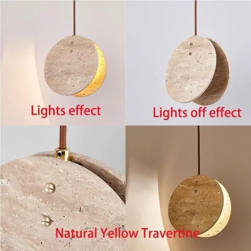 Miniatura 7 de Farmhouse Pendant Lights Fixtures Mini Natural Yellow Travertine Hanging Lamp Japanese Wabi-Sabi Height Adjustable Chandelier for Living Room