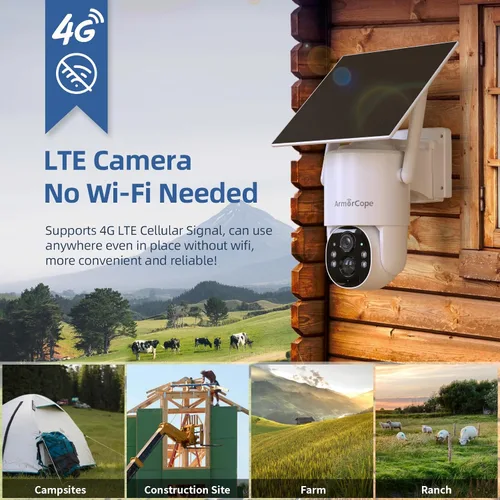 Miniatura 2 de Cámara de seguridad celular 4G LTE, cámara de seguridad sin WiFi, cámara solar de 2.5K para exteriores inalámbrica, vista en vivo de 360°, foco