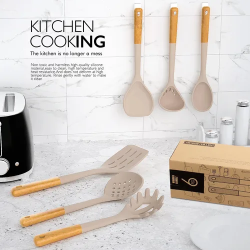 Miniatura 8 de Juego de utensilios de cocina de silicona grandes – Utensilios de cocina de silicona resistentes al calor para cocinar con asas de madera, juego