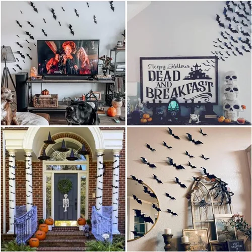Miniatura 7 de Decoración de pared de murciélagos 3D de Halloween, decoración de murciélagos de plástico mejorada, 60 unidades, 4 tamaños, reutilizables, PVC