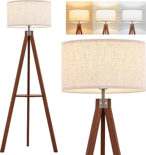 Miniatura 12 de ELYONA Lámpara de pie con trípode de madera estilo granja con mesa, lámpara de pie de lectura moderna con 3 temperaturas de color, bombilla LED
