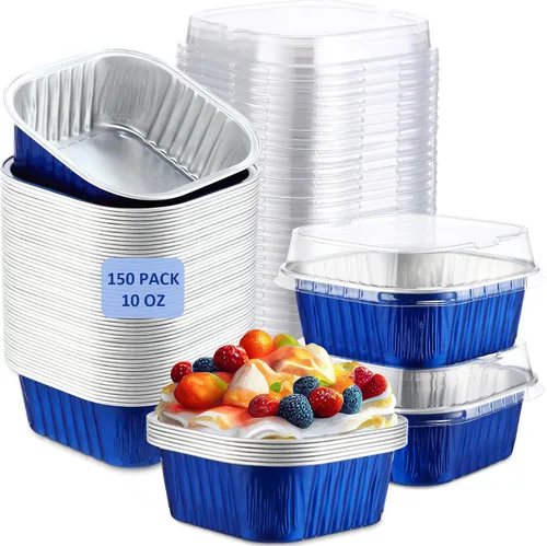 Miniatura 26 de Aoriher 150 piezas de moldes mini para pasteles de 10 onzas con tapas, tazas de horneado de papel de aluminio cuadradas desechables de 4" x 4