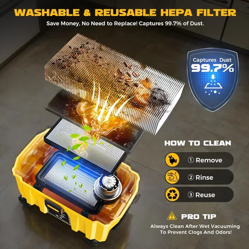 Miniatura 4 de Ecarke Aspiradora inalámbrica en seco y húmedo de 2.5 galones compatible con batería DeWalt de 20 V, aspiradora 3 en 1 con motor HEPA lavable y sin