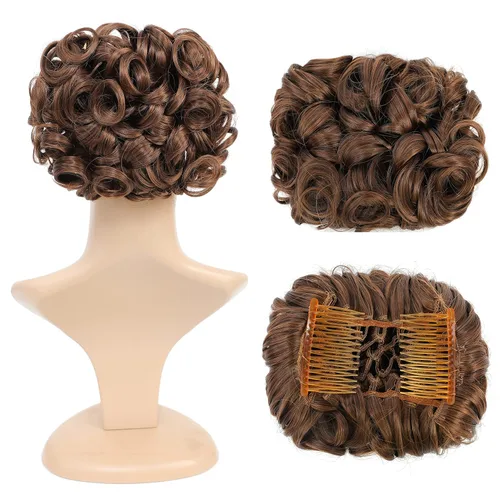 Miniatura 22 de SWACC Extensión de moño corto rizado desordenado, fácil de estirar, peines para el cabello, extensión de cola de caballo con clip, coletero, Marrón