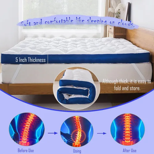 Miniatura 7 de WhatsBedding Cubrecolchón de espuma viscoelástica de 5 pulgadas para dolor de espalda, relleno de relleno suave y transpirable, cubrecolchón grueso