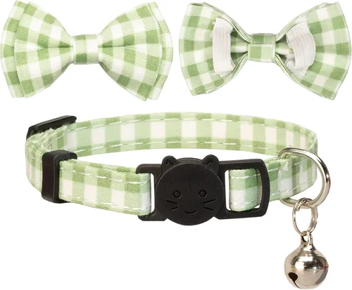Miniatura 7 de Collar de gato con campana para niño y niña, pajarita de seguridad, a cuadros, color sólido, conjunto de regalo, lindo festivo, [2 piezas], verde