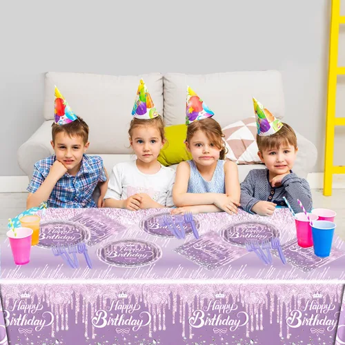 Miniatura 6 de Juego de vajilla para fiesta color morado, tema de Feliz Cumpleaños morado, 20 platos y 20 servilletas y manteles de 71'' x 42'' para niñas