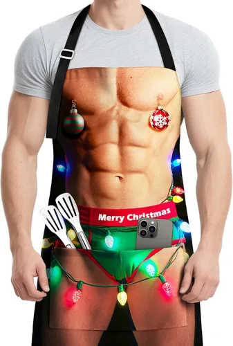 Miniatura 8 de Delantal de Navidad para mujeres y hombres con bolsillos, bonitos y divertidos delantales de cocina para cocinar hornear para adultos