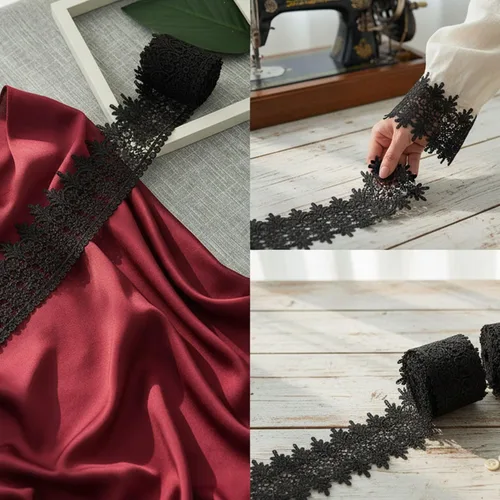 Miniatura 5 de Cinta de encaje bordado floral negro de 3.5 pulgadas de ancho - Cinta de encaje Venecia de 3 yardas para costura, vestido de novia, decoración