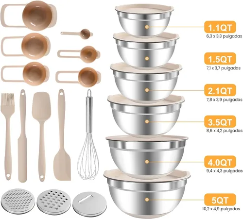 Miniatura 8 de Juego de tazones para mezclar con tapas herméticas, juego de 20 utensilios de cocina, 6 cuencos de acero inoxidable, 3 accesorios para rallar, parte