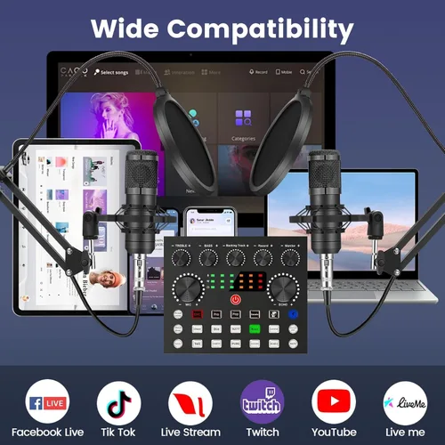 Miniatura 5 de Brvomussy Paquete de equipo de podcast para 2, interfaz de audio con micrófonos condensadores con cambiador de voz para jugadores, mezclador