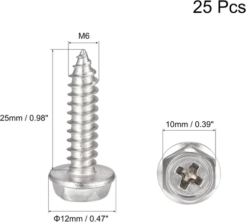 Miniatura 2 de uxcell Phillips - Tornillos autorroscantes para arandela hexagonal, M6 x 0.984 in, acero inoxidable 304, brida hexagonal, 25 piezas