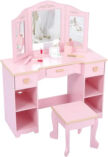 Tocador de maquillaje para niños, mesa y silla para niñas con espejo y cajón, regalo para edades de 4 a 9 años, color rosa