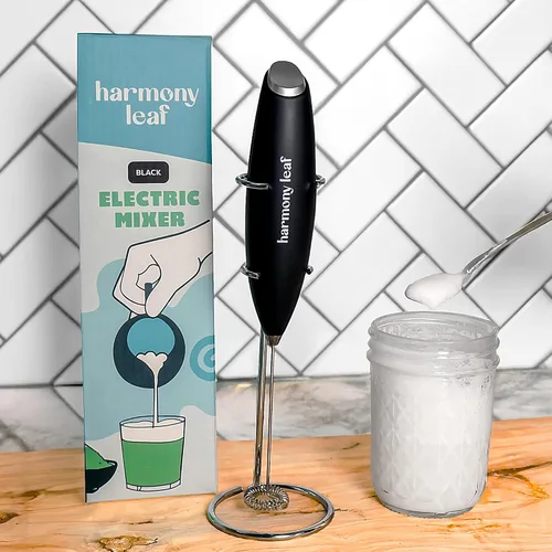 Miniatura 5 de Harmony Leaf Espumador de leche de mano, mezclador eléctrico de bebidas de acero inoxidable con soporte, espumador de café a pilas para lattes
