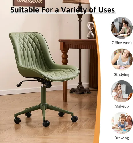 Miniatura 8 de YOUNIKE Silla de oficina ergonómica de piel sintética verde oliva, sin brazos, cómoda silla de escritorio con respaldo mecedor, bonita silla