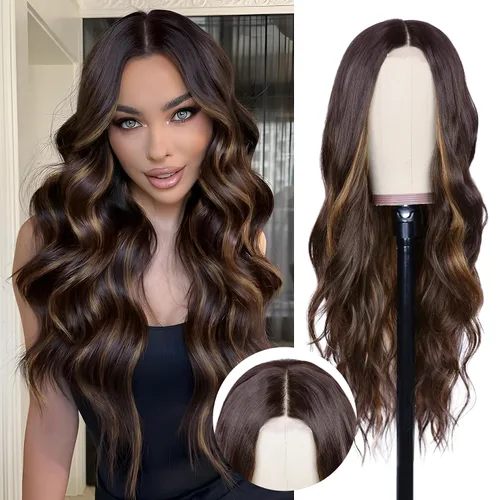 Miniatura 27 de NAYOO Pelucas marrones con flequillo para mujer, pelucas de cabello largo y ondulado, resistentes al calor, pelucas de fibra sintética para uso