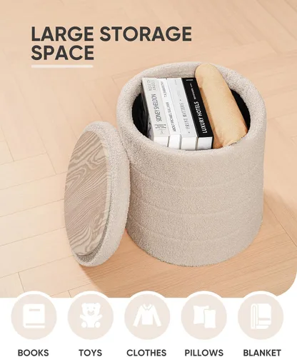 Miniatura 4 de B FSOBEIIALEO Otomana con Almacenamiento, Taburete Otomano de Almacenamiento Redondo Sherpa, Reposapiés Boucle 14.6"x14.6"x17.7" (Beige)