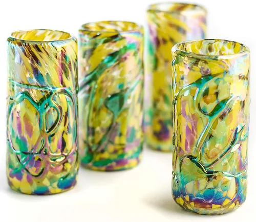 Miniatura 2 de Juego de vasos de tequila mexicanos especiales, soplados a mano con color y textura únicas de 4 piezas - Confeti (Brillo dorado)
