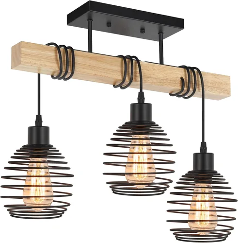Lámpara de Techo Estilo Granja de 3 Luces de Madera Montaje Semi Empotrado Luminaria de Techo Industrial para Dormitorio, Sala de Estar, Entrada,