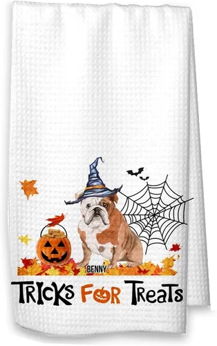 Tricks for Treats - Toalla de gofres de cocina de Bulldog inglés, Halloween, decoración de otoño de bulldog inglés (toalla blanca, bulldog inglés