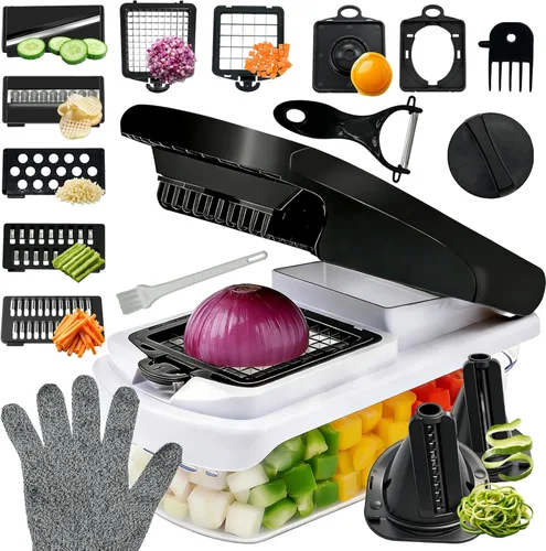 Picador de verduras multifuncional 17 en 1 con múltiples cuchillas, picador de verduras, picador de cebolla, picador de alimentos con recipiente,