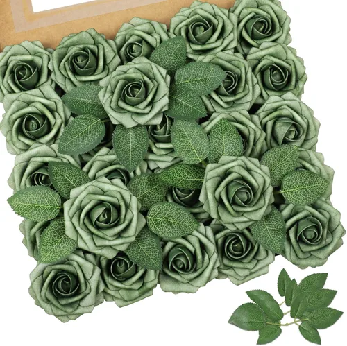 AmyHomie Flores artificiales rosas rojas, 25 rosas falsas de aspecto real con tallo para ramos de boda, centros de mesa, arreglos de fiesta, baby