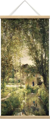 SIGNFORD Póster colgante con marco de madera, con marco idílico de la orilla del río, póster para decoración del hogar, listo para colgar, 18 x 36