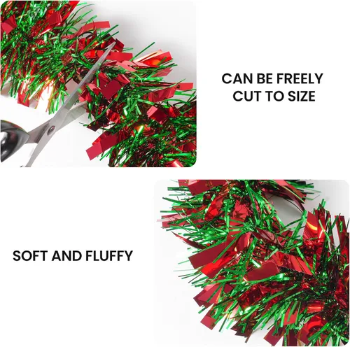 Miniatura 5 de Guirnalda de oropel de Navidad de 50 pies, guirnalda metálica torcida roja y verde, decoración navideña gruesa y brillante para árbol, manto