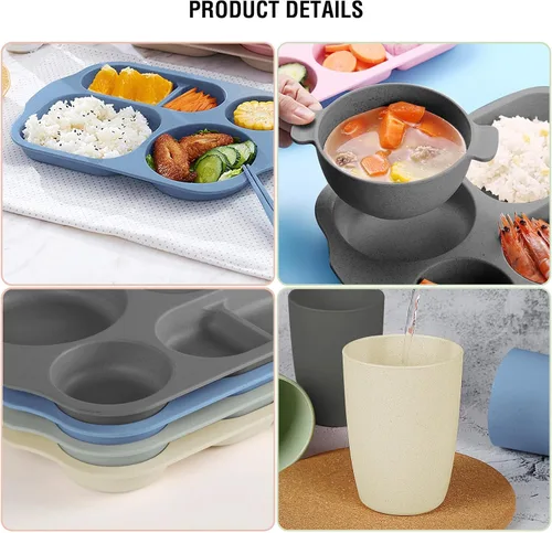 Miniatura 4 de shopwithgreen Juego de cubiertos de paja de trigo, 20 piezas de platos y cuencos divididos para niños pequeños, vajilla irrompible para microondas