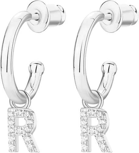 Miniatura 3 de PAVOI Aretes de plata de ley 925 chapados en oro de 14 quilates con inicial colgante, aretes de aro con inicial de circonita cúbica para mujer