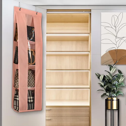 Miniatura 6 de Lirex Organizador de bolso para colgar sobre la puerta, organizador de almacenamiento de bolso con 4 bolsillos transparentes plegables, Rosa claro