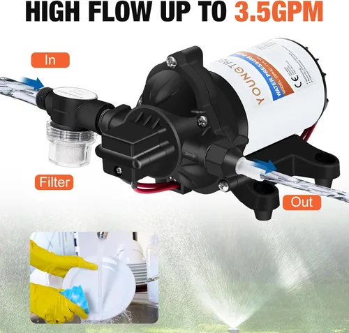 Miniatura 4 de YOUNGTREE Bomba de diafragma de agua de 12 V CC, 3.5 GPM, 45 PSI, bomba de presión de agua dulce autocebante de 12 voltios con interruptor