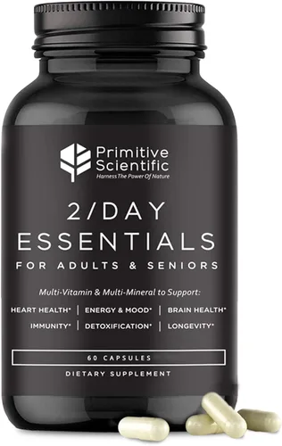 Primitive Scientific Whole Food - Multivitaminas esenciales diarias para adultos y personas mayores, 2 veces al día, vitamina A, C, D, E, B12 y
