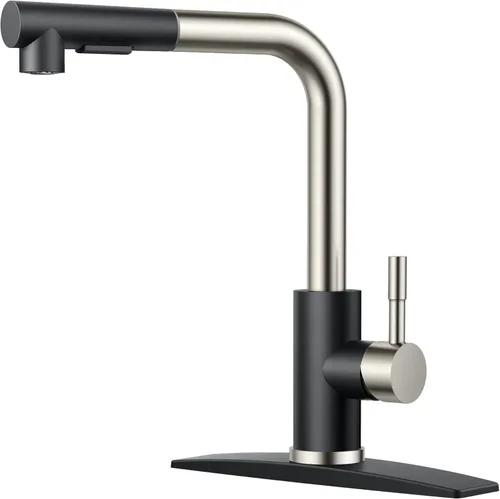 Miniatura 9 de FORIOUS Grifo de cocina negro con rociador desplegable, grifo clásico de acero inoxidable de una sola manija con salida extraíble para fregadero