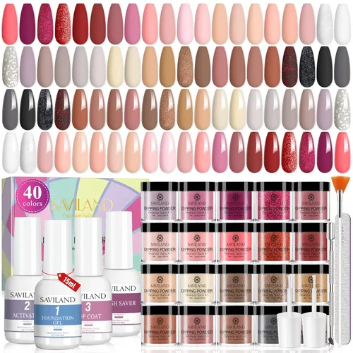 SAVILAND - Kit de iniciación de uñas de polvo de inmersión de 49 piezas - 40 colores, polvo de inmersión de color rosa intenso, rojo, nude suave con