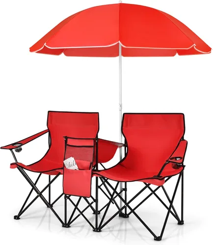 Miniatura 11 de LDAILY LUARANE - Silla plegable doble para campamento, sillas de picnic al aire libre con paraguas extraíble, mini mesa, portavasos y bolsa de Azul