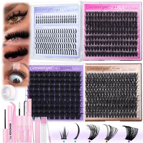 Geeneiya Kit de racimos de pestañas de 5 estilos, extensiones de racimos de pestañas de volumen/mega/completo/inferior con adhesivo de pestañas y