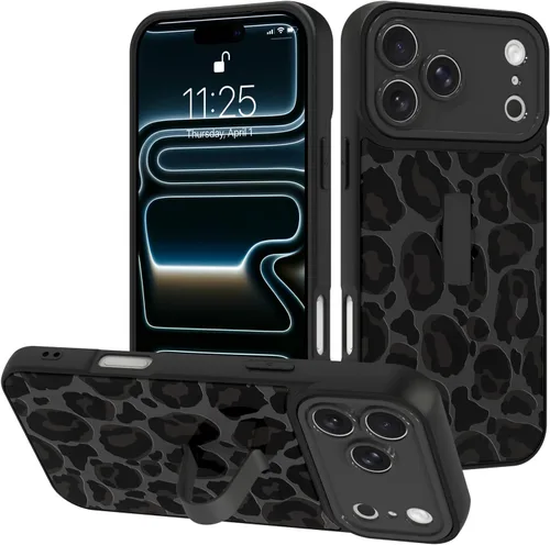 Miniatura 57 de Funda diseñada para iPhone 17 Pro Max con soporte plegable y correa para dedos, bonito patrón de lazo de corazón de flor rosa para mujeres y niñas