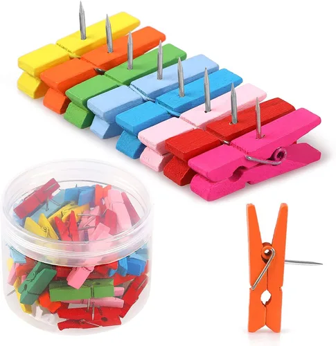 50 piezas de chinchetas coloridas con clips de madera, duraderas, decorativas, chinchetas y tachuelas para tablero de corcho, obras de arte, notas,