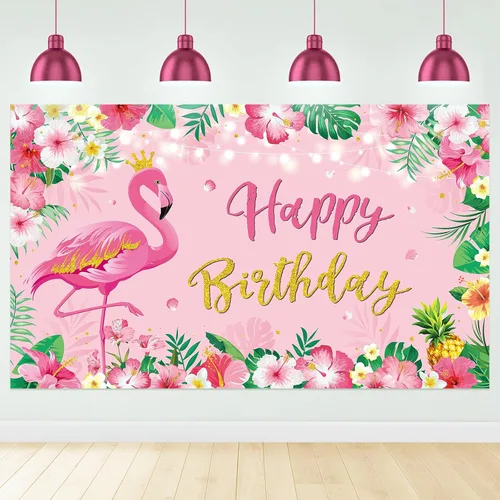 Preboun Fondo de decoración de fiesta de cumpleaños de flamenco, 3.6 x 6 pies, fondo tropical hawaiano, floral, flamenco, fotografía, para Luau